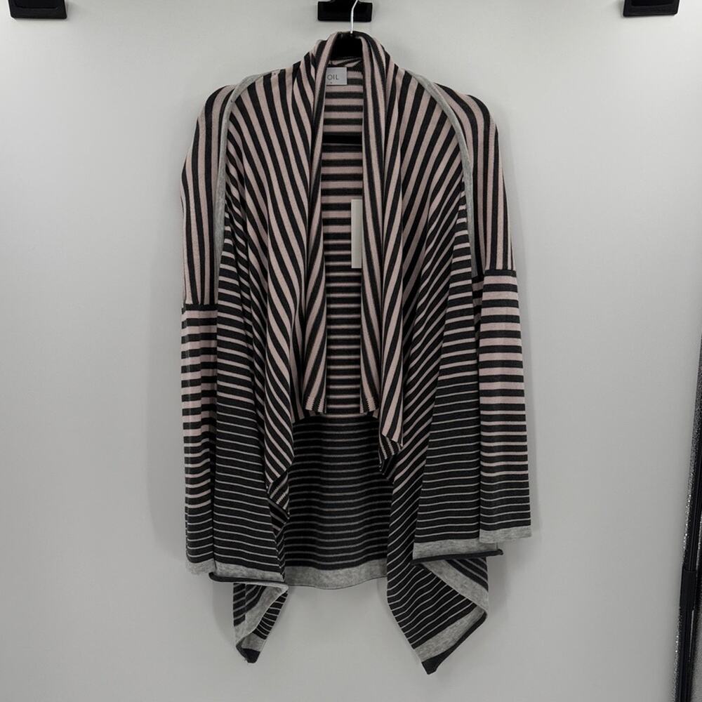 FOIL Women's Open Front Stripe Waterfall Cardigan - Light Pink/Charcoal - L NWT